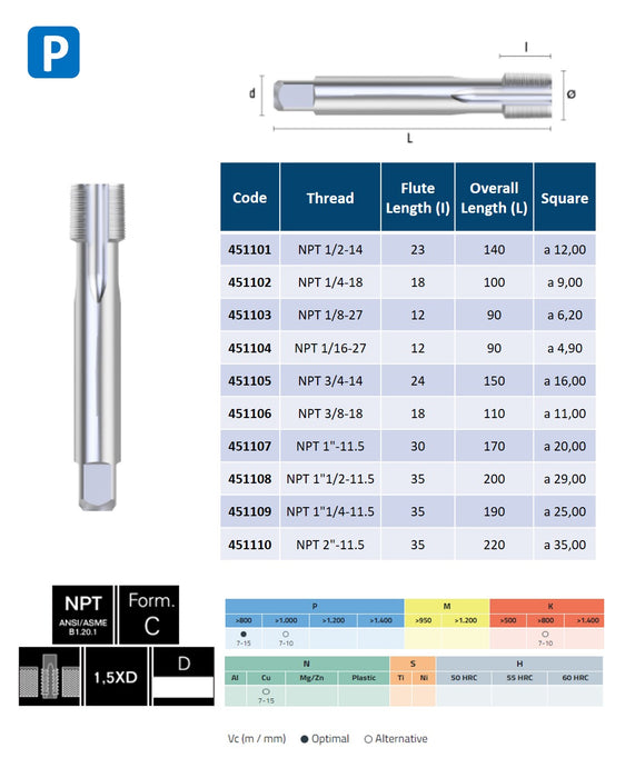 HSSE Cobalt,  Threading Tap, Thin shank, DIN 374-C ( NPT 1/2-14 - NPT 2-11.5 )