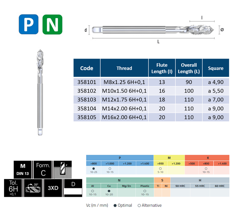 HSSE Cobalt Threading Tap, Tolerance 6H+0.1, Thin shank, DIN371C (M8 - M16)