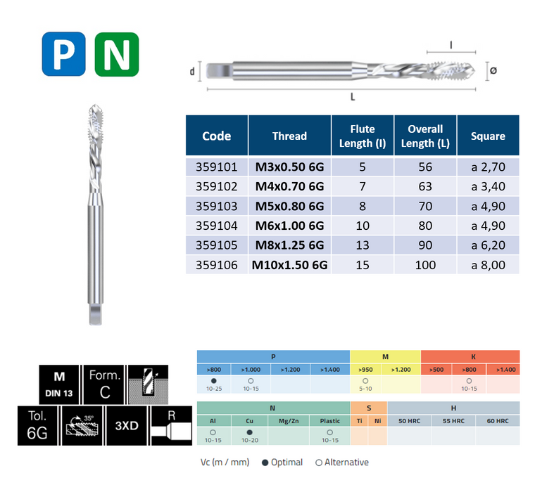 HSSE Cobalt Threading Tap, Tolerance Tolerance 6G, Reinforced shank, DIN371C (M3 - M10)