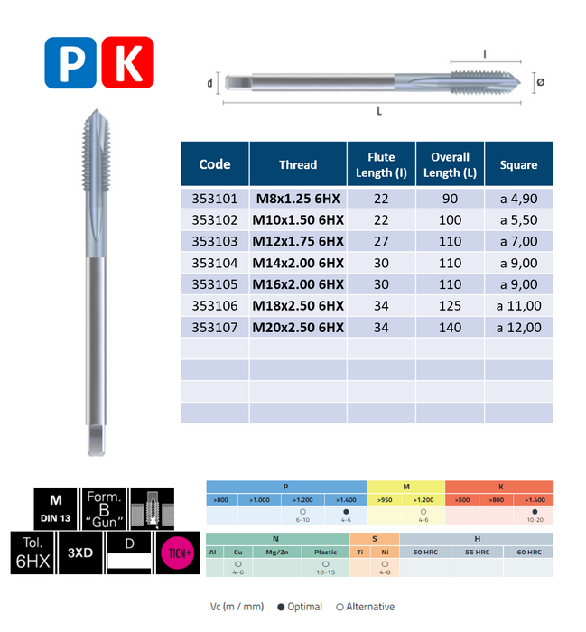 HSSE-PM Powder Metal Steel Threading Tap, Tolerance 6HX , Thin shank, TiCN coating. DIN376D (M8 - M20)