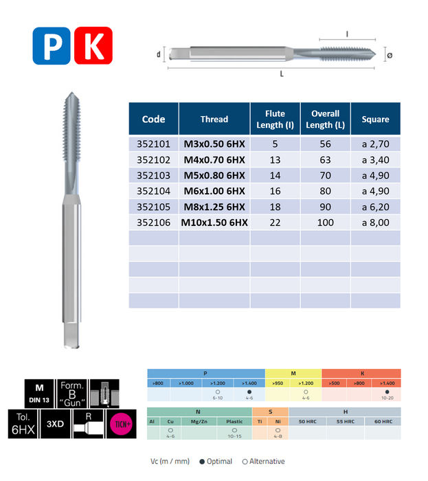 HSSE-PM Powder Metal Steel Threading Tap, Tolerance 6HX , Reinforced shank, TiCN coating. DIN371D (M3 - M10)