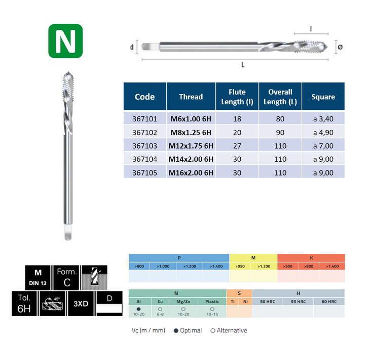 HSSE Cobalt Threading Tap, Tolerance 6H, Thin shank, DIN376C (M12 - M16)