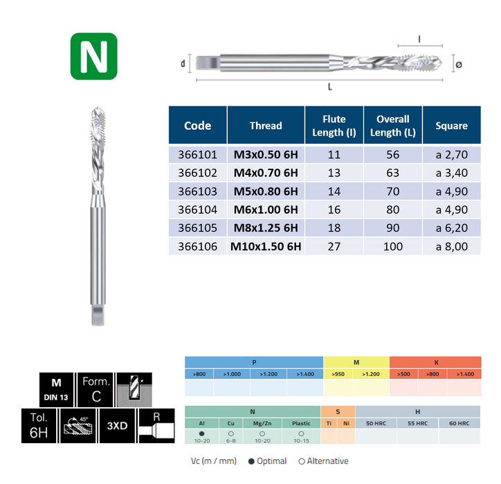 HSSE Cobalt Threading Tap, Tolerance 6H, Reinforced shank, DIN371C (M3 - M10)