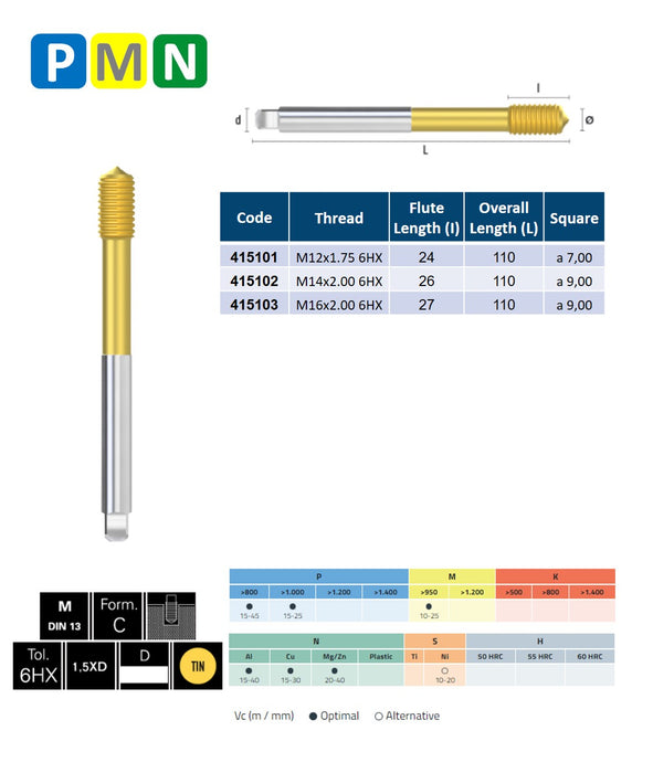 HSSE PM Powder Metal Steel Threading Tap, Thin shank, DIN 376-C, 6HX ( M12x1.75 - M16x2.00 )