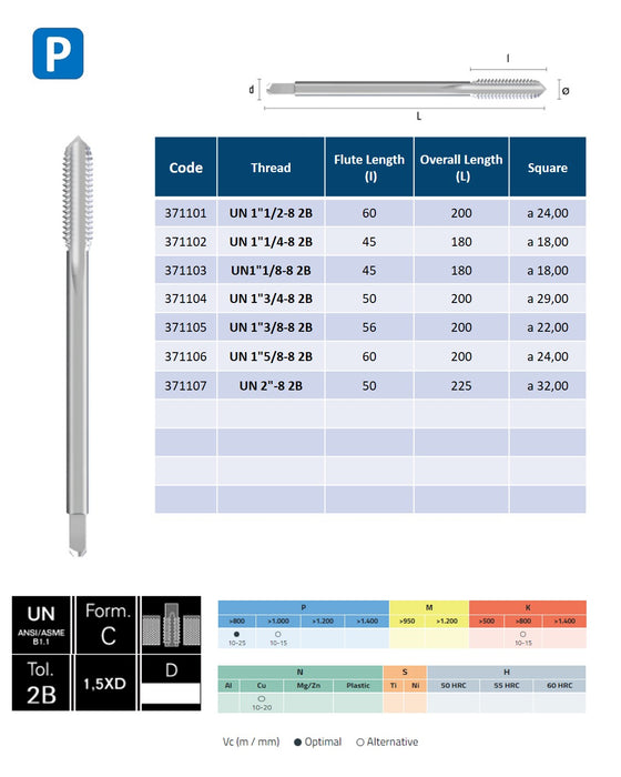 HSSE Cobalt Threading Tap, Tolerance 2B, Thin shank, DIN374C ( UN 1 1/2"-8 - UN 2''-8 )