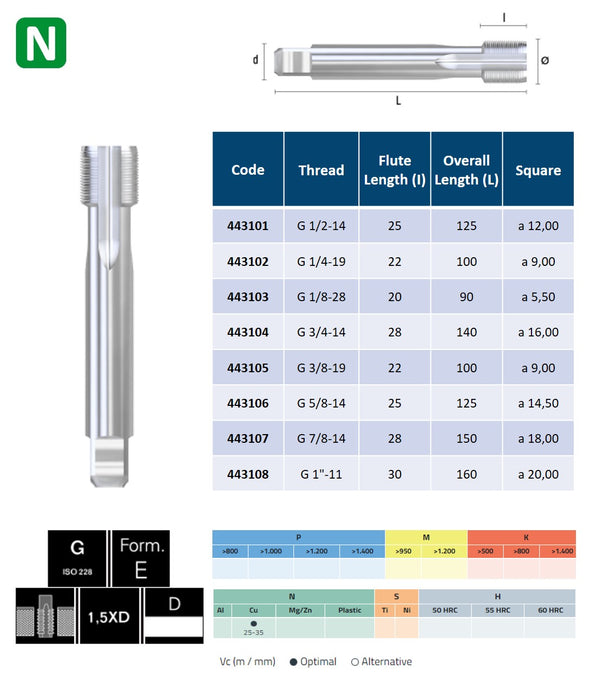 HSSE Cobalt,  Threading Tap, Thin shank, DIN-5156E ( G1/2-14h - G1''-11h )