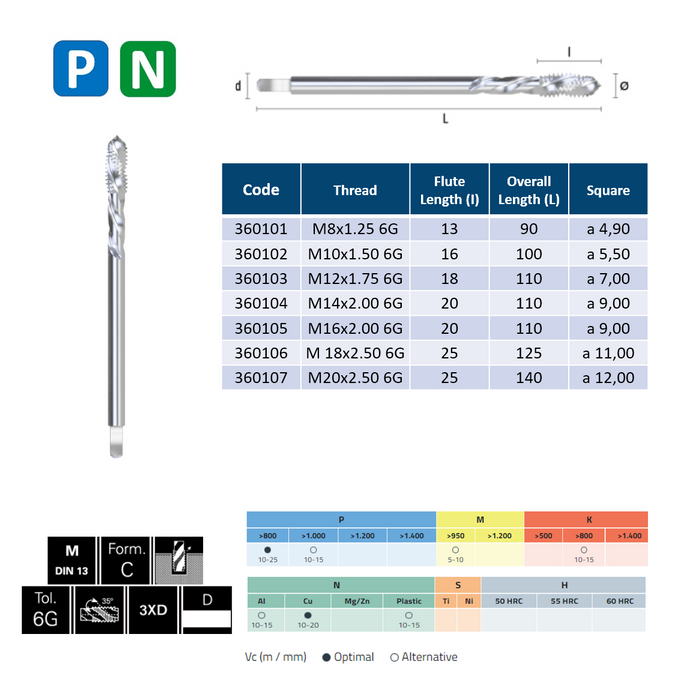 HSSE Cobalt Threading Tap, Tolerance Tolerance 6G, Thin shank, DIN 376C (M8 - M20)