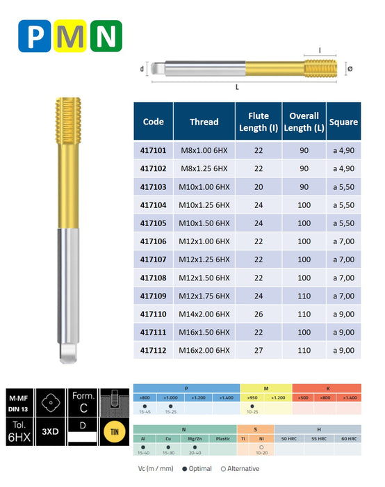 HSSE PM Powder Metal Steel Threading Tap, Thin shank, DIN 376-C, 6HX ( M8x1.00 - M16x2.00 )