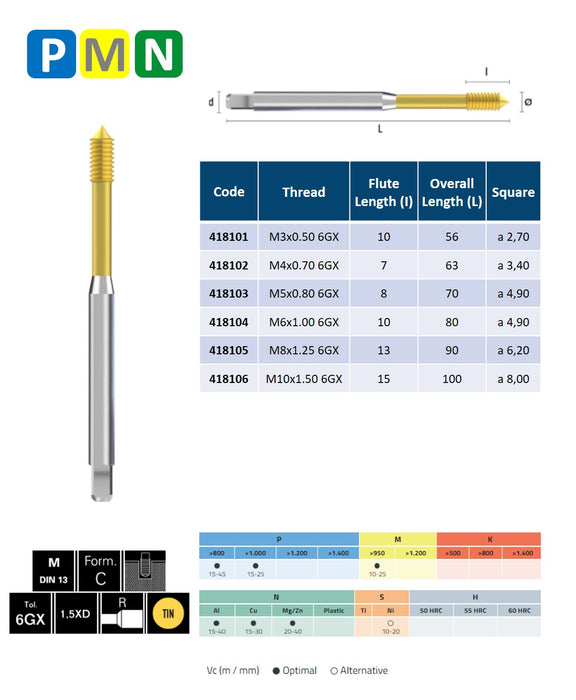 HSSE PM Powder Metal Steel Threading Tap, Reinforced shank, DIN 371-C, 6GX ( M3x0.50 - M10x1.50 )