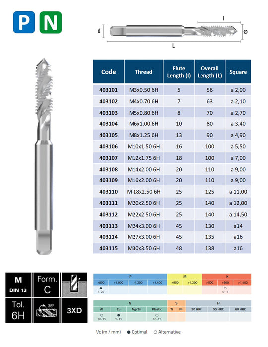 HSSE Cobalt Threading Tap, Spiral Flute, ISO 529-C, 6H, ( M3x0.50 - M30x3.50 )