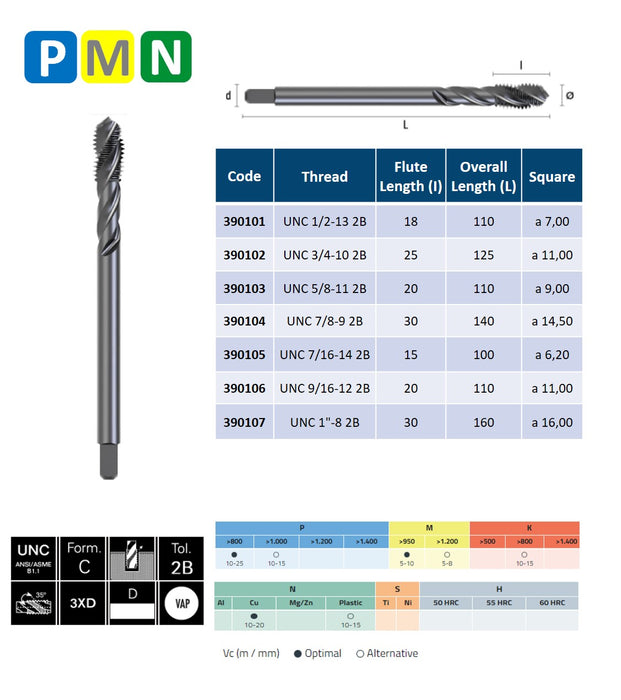 HSSE Cobalt Threading Tap, Tolerance 2B, Thin shank, DIN 376-C ( UNC 1/2-13 - UNC 1''-8 )