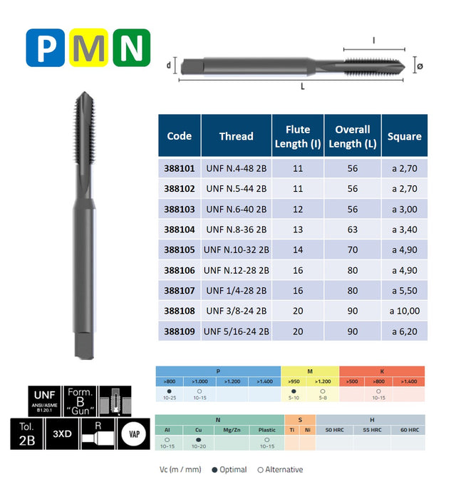 HSSE Cobalt Threading Tap, Tolerance 2B, Reinforced shank, DIN 371-B ( UNF Nº4-48 - UNF 5/16-24 )