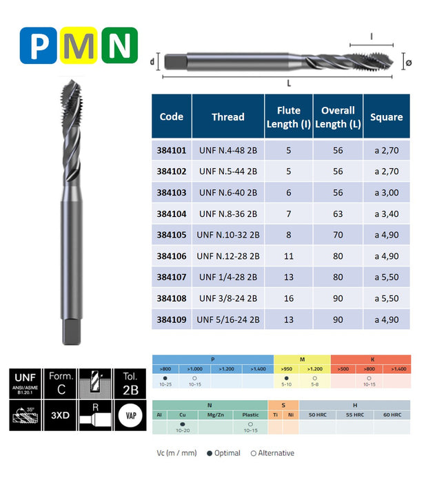 HSSE Cobalt Threading Tap, Tolerance 2B, Reinforced shank, DIN 371-C ( UNF Nº4-48 - UNF 5/16-24 )