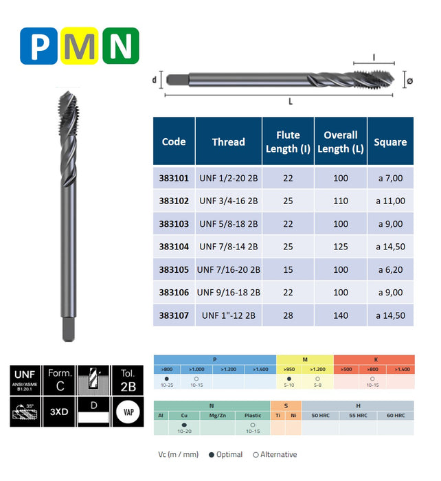 HSSE Cobalt Threading Tap, Tolerance 2B, Thin shank, DIN 374-C ( UNF 1/2-20 - UNF Nº1-12 )