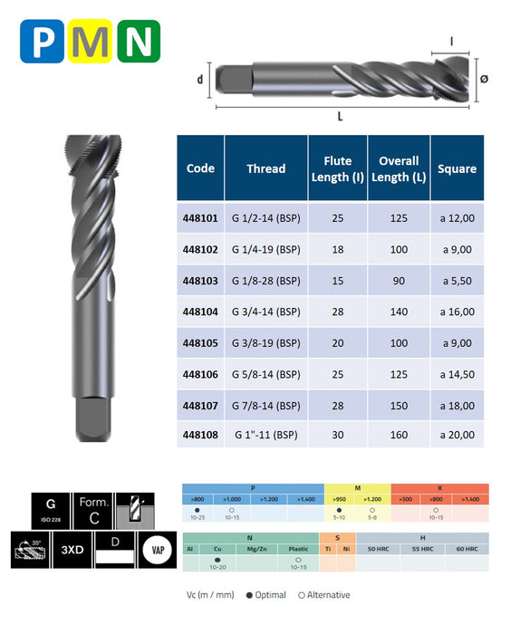 HSSE Cobalt,  Threading Tap, Tolerance 2B, Thin shank, DIN 5156-C ( BSP 1/2-14 - BSP 1-11 )