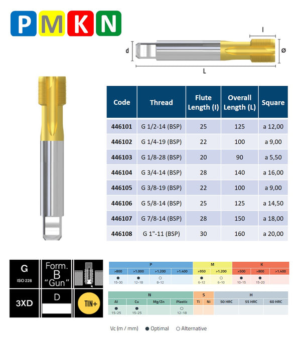 HSSE Cobalt,  Threading Tap, Tolerance 2B, Thin shank, DIN 5156-B, TIN ( BSP 1/2-14 - BSP 1-11 )