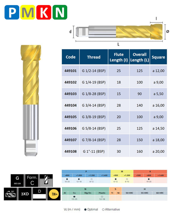 HSSE Cobalt,  Threading Tap, Tolerance 2B, Thin shank, DIN 5156-C ( BSP 1/2-14 - BSP 1-11 )
