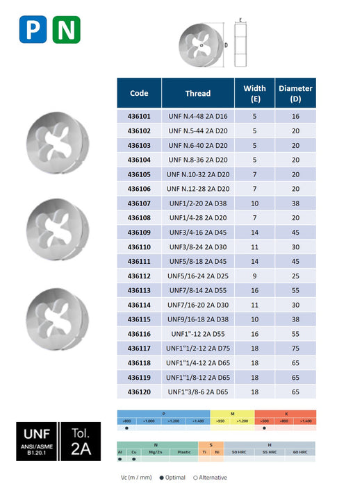 HSS High Speed Steel, Threading Dies, DIN EN-22568, Tolerance 2A ( UNF Nº4-48 - UNF 1''3/8-6 )