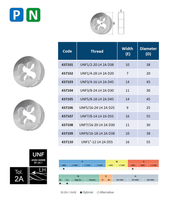 HSS High Speed Steel, Threading Dies, DIN EN-22568, Tolerance 2A, Left Hand ( UNF 1/2-20 - UNF 1''-12 )