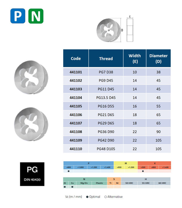 HSS High Speed Steel, Threading Dies, DIN 40432 ( PG 7(12.50-20) - PG 48(59.30-16) )