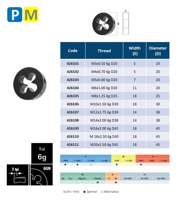 HSSE Cobalt, Threading Dies, DIN EN-22568, Tolerance 6G, VAP ( M3x0.50 - M20x2.50 )