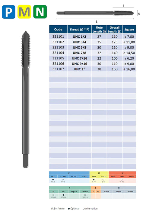 HSSE Cobalt Threading Tap, VAP Treatment, Tolerance 2B, Thin shank, DIN 376-B ( UNC 7/16 - UNC 1" ) )