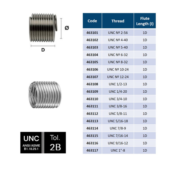 Stainless Steel, Thread Insert , DIN 8140, Tolerance 2B, 1D ( UNC Nº 2-56 - UNC 1''-8 )