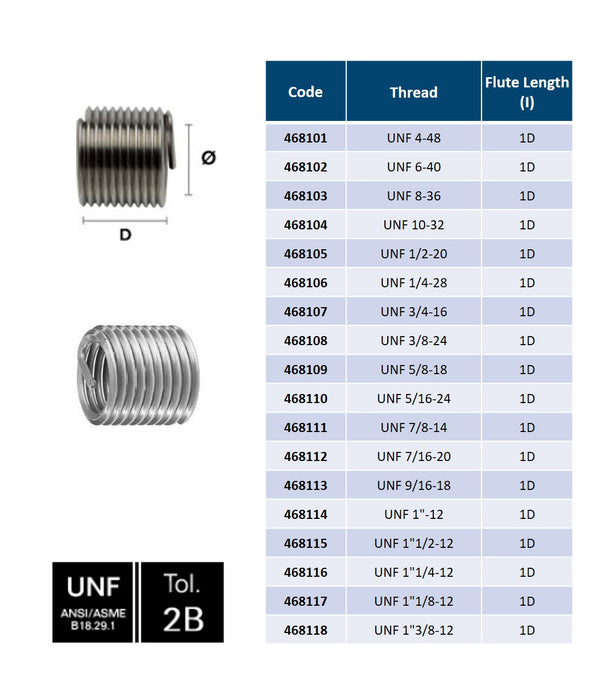 Stainless Steel, Thread Insert , DIN 8140, Tolerance 2B, 1D ( UNF 4-48 - UNF 1''3/8-12 )