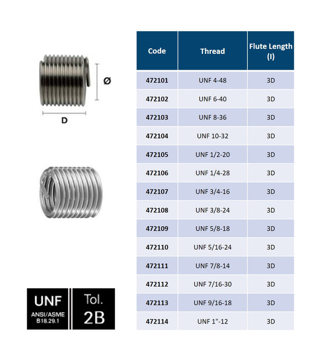 Stainless Steel, Thread Insert , DIN 8140, Tolerance 2B, 3D ( UNF 4-48 - UNF 1''3/8-12 )