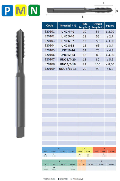 HSSE Cobalt Threading Tap, VAP Treatment, Tolerance 2B, Reinforced shank, DIN 371-B ( UNC 4-40 - UNC 3/8-16 )