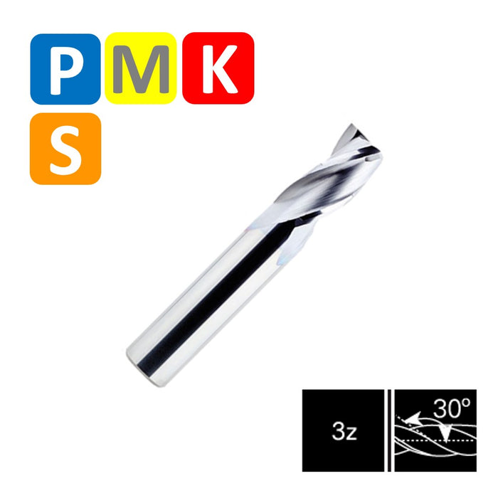 Solid Carbide 3 Flute End Mill, Helix at 30º, Long Series (3mm - 20mm)