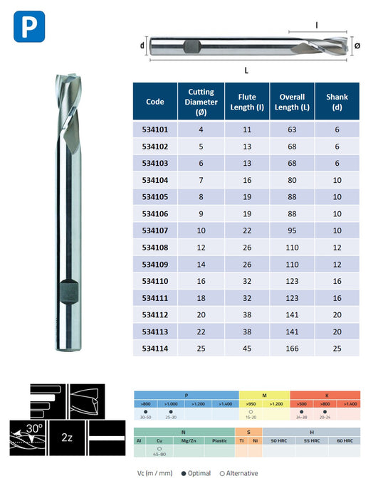 HSSE Cobalt 2 Flute End Mill, Helix at 30º, Long Series, DIN 844-N (4mm - 25mm)