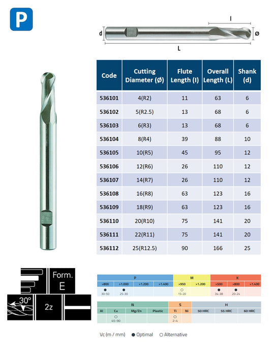 HSSE Cobalt 2 Flute End Mill, Radial cut, Helix at 30º, Long Series, DIN 844-N (4mm - 25mm)