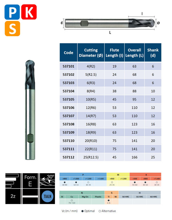 HSSE Cobalt 2 Flute End Mill, Radial cut, Helix at 30º, Long Series, DIN 844-N (4mm - 25mm)