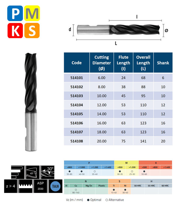 HSSE-PM 4 Flute End Mill, Fin roughing operations, Long series, DIN 844-NRF (6mm - 20mm)