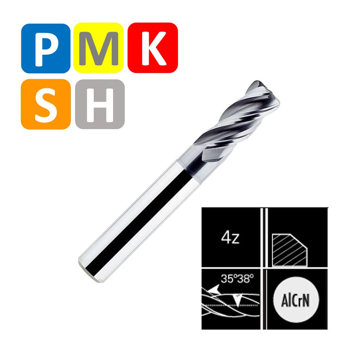 Solid Carbide 4 Flute End Mill, Progressive Helix at 30º-38º, Long Series, AlCrN coating (6mm - 16mm)