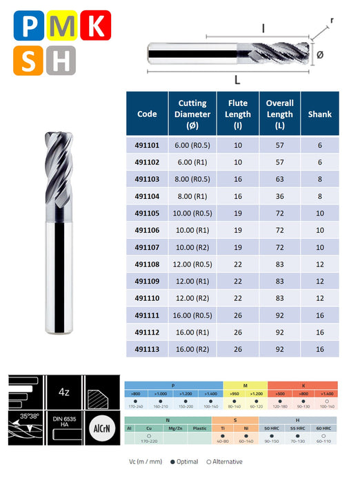 Solid Carbide 4 Flute End Mill, Progressive Helix at 30º-38º, Long Series, AlCrN coating (6mm - 16mm)