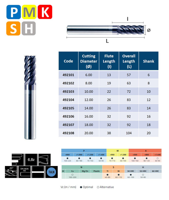 Solid Carbide 6, 8 Flute End Mill, Fast Helix at 45º, Long Series, TIALN coating (6mm - 20mm)