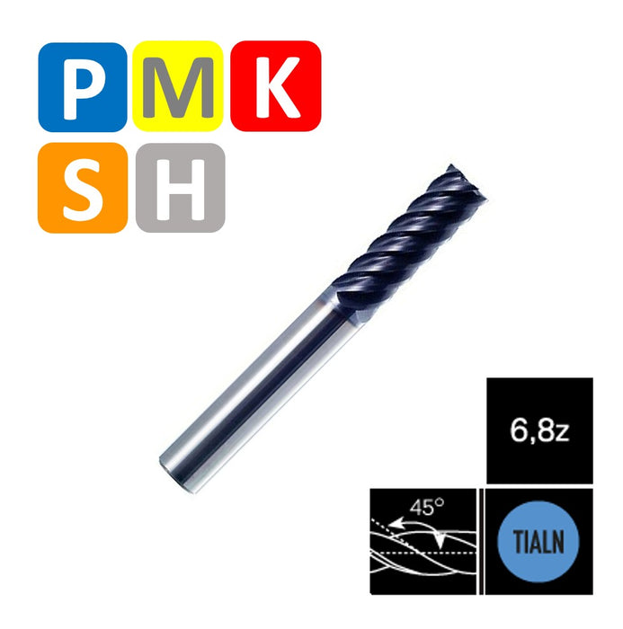 Solid Carbide 6, 8 Flute End Mill, Fast Helix at 45º, Extra Long Series, TIALN coating (6mm - 20mm)