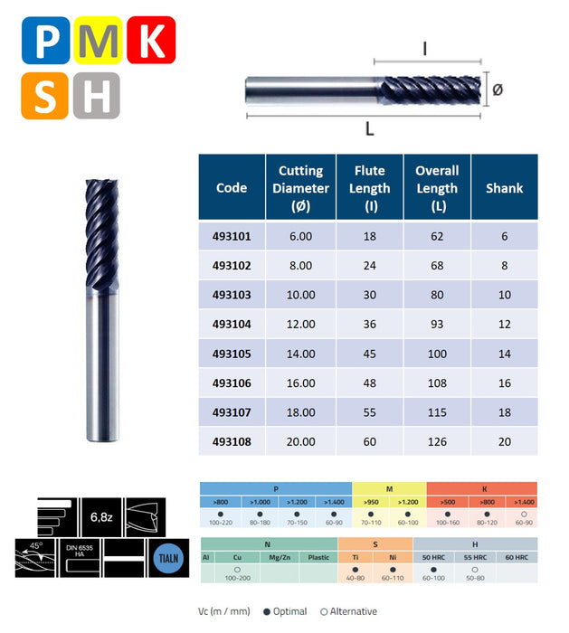 Solid Carbide 6, 8 Flute End Mill, Fast Helix at 45º, Extra Long Series, TIALN coating (6mm - 20mm)