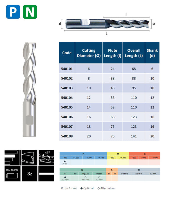 HSSE Cobalt 3 Flute End Mill, Helix at 45º, Long Series, DIN 844-W (6mm - 20mm)