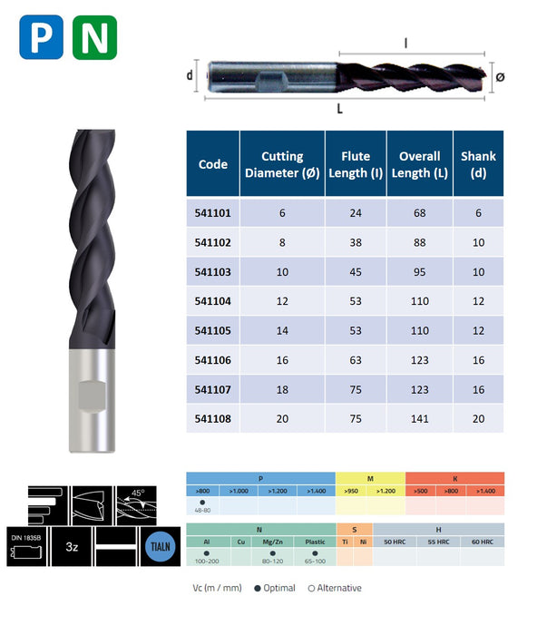 HSSE Cobalt 3 Flute End Mill, Helix at 45º, Long Series, DIN 844-W (6mm - 20mm)