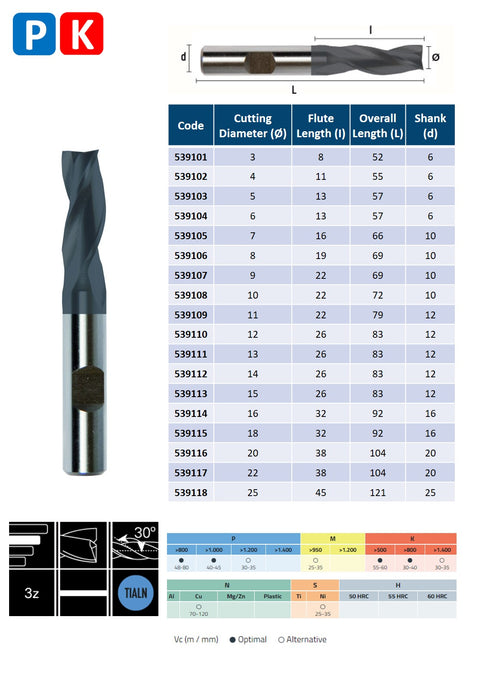 HSSE Cobalt 3 Flute End Mill, Helix at 30º, Long Series, DIN 327-N (3mm - 25mm)