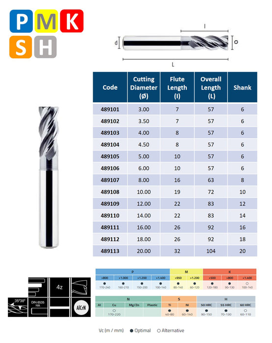 Solid Carbide 4 Flute End Mill, Progressive Helix at 30º-38º, Long Series, AlCrN coating (3mm - 20mm)