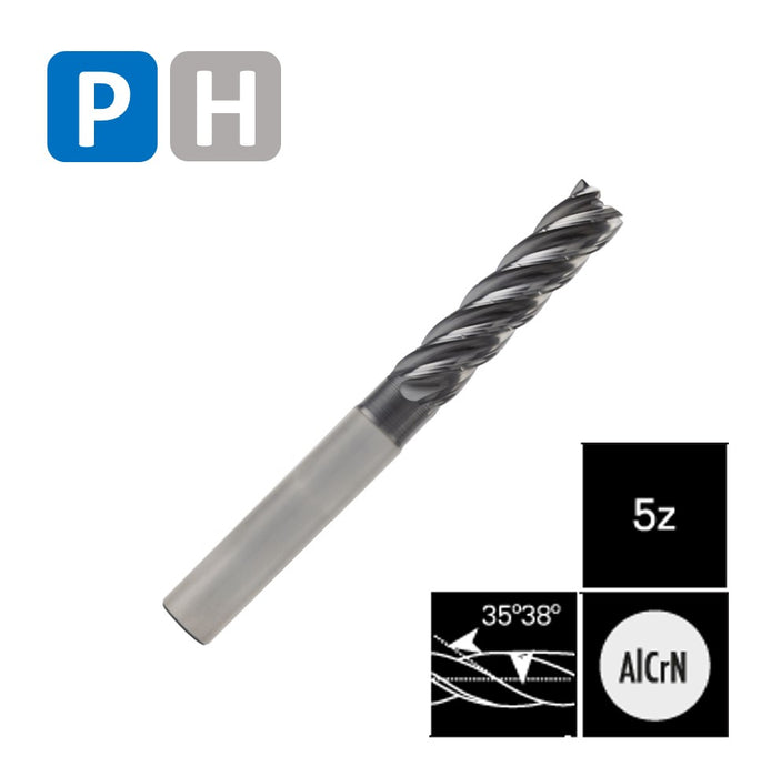 Solid Carbide 5 Flute End Mill, Progressive Helix at 37º-38º, Extra Extra Long Series, AlCrN coating (3mm - 25mm)