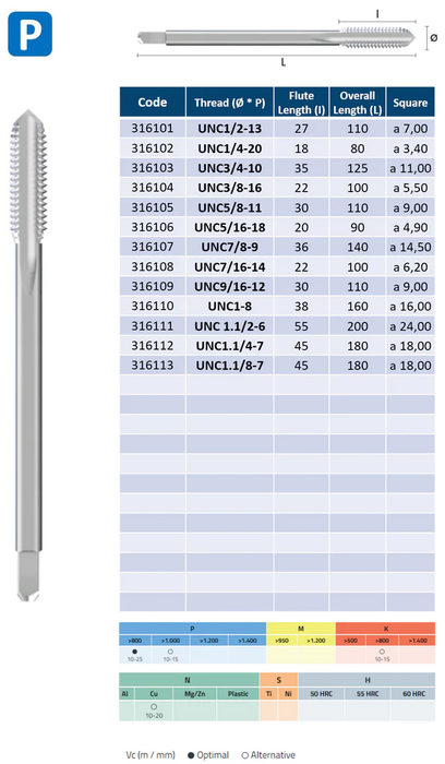 HSSE Cobalt Threading Tap, Tolerance 2B, Thin shank, DIN376C ( UNC1/2-13 - UNC1,1/8-7 )