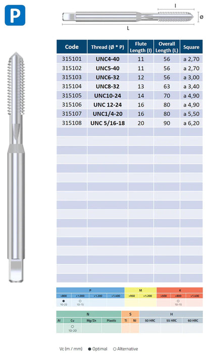 HSSE Cobalt Threading Tap, Tolerance 2B, Reinforced shank, DIN371C ( UNC4-40 - UNC 5/16-18 )
