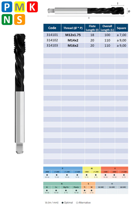 HSSE-PM Powder Metal Threading Tap, Hard Lube Coating, Tolerance 6HX, Thin shank, DIN376C (M12 - M16)