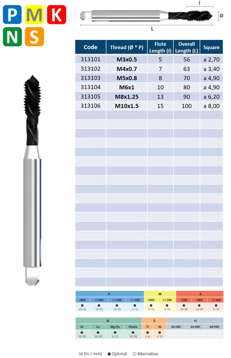 HSSE-PM Powder Metal Threading Tap, Hard Lube Coating, Tolerance 6HX, Reinforced shank, DIN371C (M3 - M10)