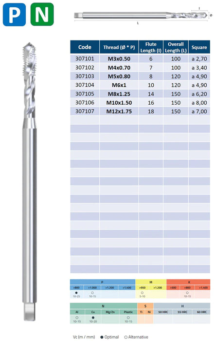 HSSE Cobalt Threading Tap, Long Series, Tolerance 6H, Reinforced shank, DIN371C (M3 - M6)